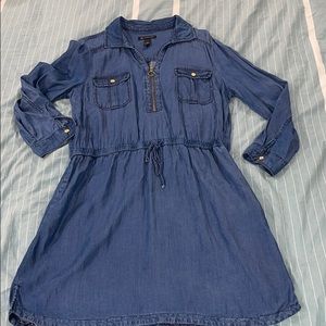chambray shirt dress with gold accents